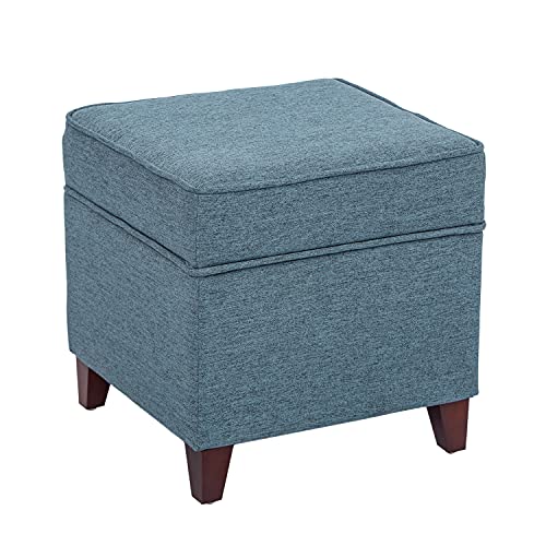 Adeco 17’’ Square Ottoman With Storage- Small Storage Ottoman Foot Rest With Hinged Lid- Blue Faux Linen Fabric Upholstered Footstool With Sturdy Wood Legs #TOP22