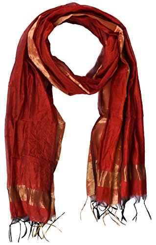 Image of YOUTHQUAKE Women's Chanderi Plain Silk Dupatta with Golden Border & Tassels (Maroon)