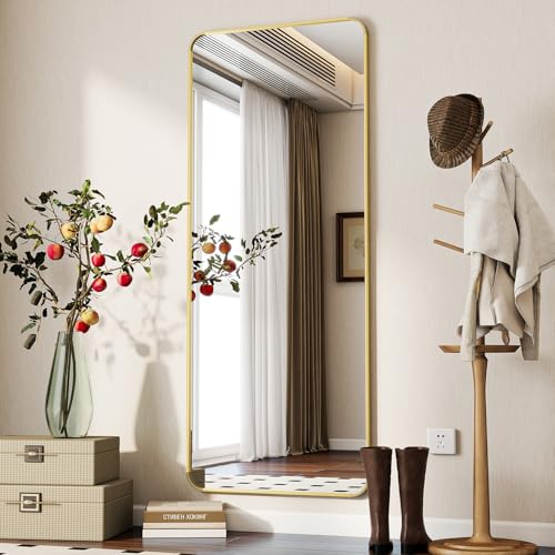 Koonmi Espejo de pie con esquinas redondeadas, 53 x 163 cm, esquinas redondas, espejo de cuerpo entero con soporte, espejo de pie grande, con colgador de pared para dormitorio, salón, dorado