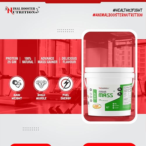 Image of Animal Booster Nutrition Maha Mass Gainer, 25gm of Protein in 90gm of Serving Helps in Gain Weight, Build Muscle & Fuel Energy (5Kg, Mango Flavor)