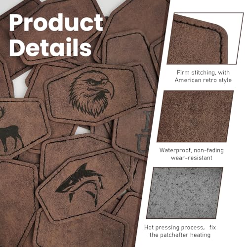 64Pack Blank Leather Hat Patches with Adhesive Backing, Laserable and Iron-on Leatherette Patch, Faux Leather Patches for Hats Custom Fabric Repair Sew Supplies (Hexagon Dark Brown)