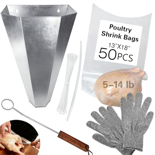 Anmboor Poultry Processing Kits Include Medium Size Chicken Cone 50 Pack Poultry Shrink Bags A Lung Scraper of Chicken Processing and A Pair of Gloves Convenient for Chicken Processing