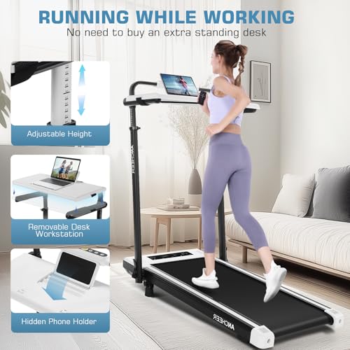 Image of Walking Pad Treadmill Adjustable Height, Under Desk Treadmills with Handle Bar and Incline, 300lbs Capacity Foldable Treadmill with Removable Desk Workstation, Installation-Free(Classic White)