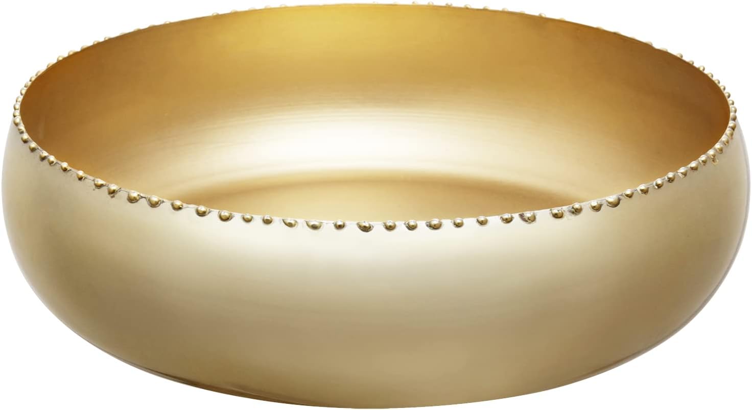 MyGift 11-inch Shiny Brass Toned Metal Round Planter Bowl with Pebbled Rim, Shallow Bowl Succulent Pot - Handcrafted in India