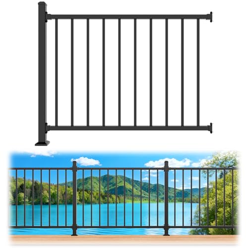 Guwezoy 1 Pack W.4ft x H.36in Aluminum Deck Railing Kits with Post, AAMA 2604–Grade Textured Matte Black Porch Railing Kit, Decking Railings for Outdoor Decks, Porches, Garden and Yard