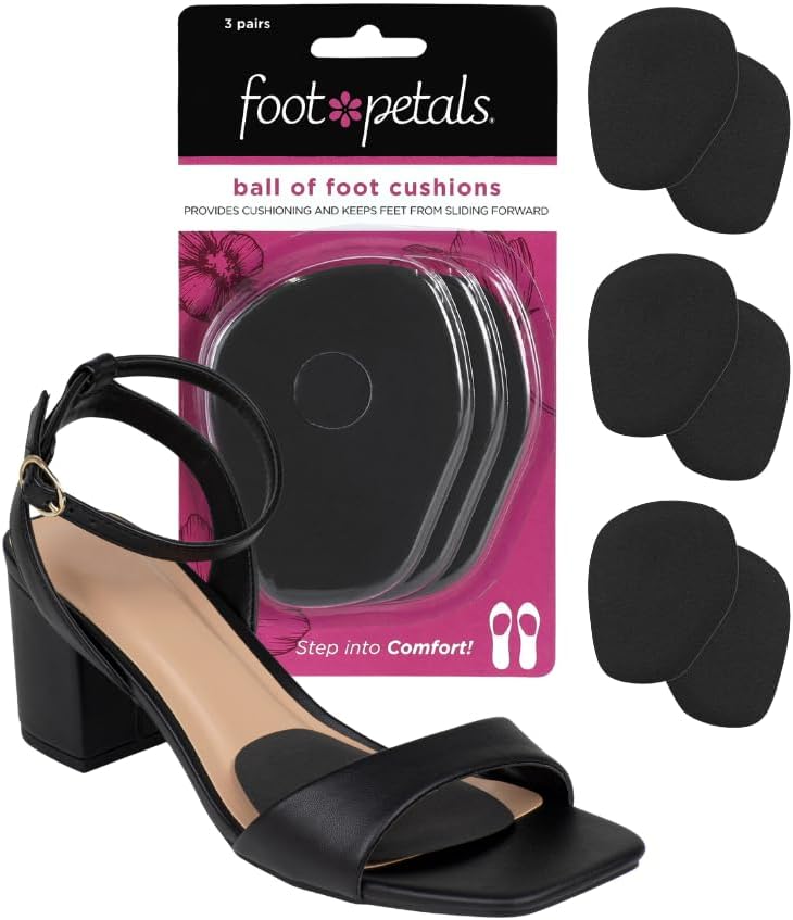 Foot Petals Unisex-Adult Ball of Foot Cushions, Metatarsal Pad, Lasting Comfort Relief, Prevent Toe Sliding, Overhang, Women's Heels, Black, One Size, Black, One size