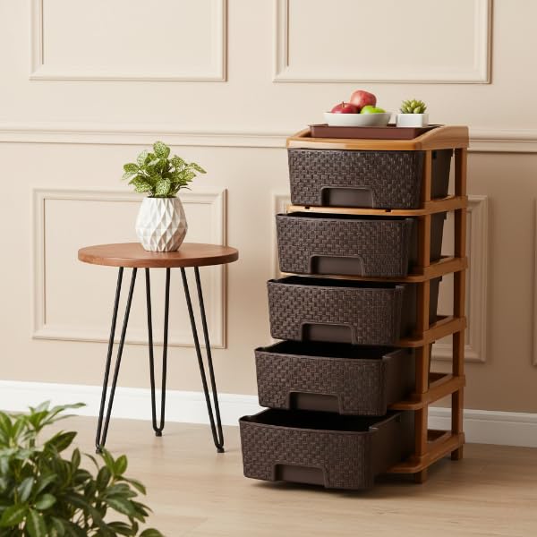 Image of Plastic Modular Drawer Storage Chest Of Drawers Organizer Storage Box, Large Stomo Racks For Multipurpose Anti-slip Shoes Organizers (Brown, 5 Layer)