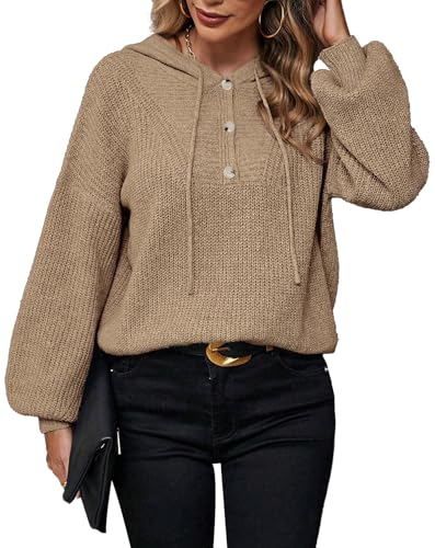 Womens Sweaters Casual Long Sleeve Drawstring Hoodies Sweatshirt Button Loose Pullover Sweater Tops