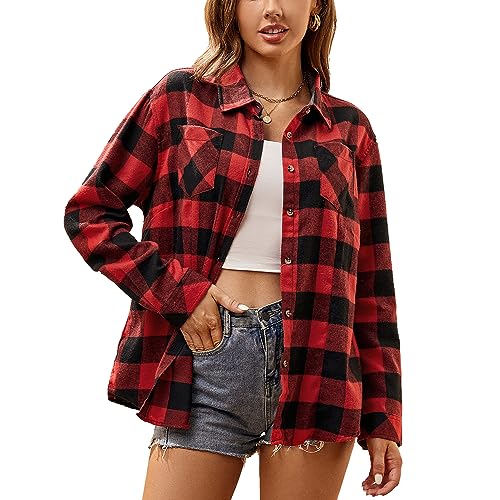 Esabel.C Flannel Shirts for Women Long Sleeve Button Down Plaid Fall Shirt Casual Work Tops