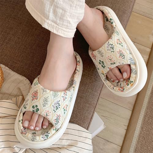 Flower Linen Slippers- Thick Sole Soft Indoor Outdoor Slippers for Women, Mute Linen Slides, Cute Slippers Womens Mens House Shoes, Cotton Linen Comfortable Bedroom Kawaii Cloud Slides3