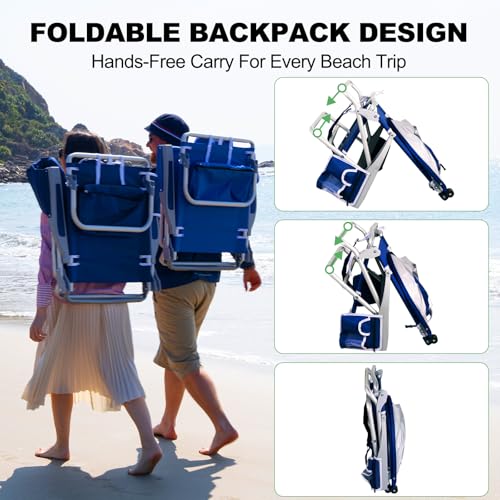 Image of Romswi Extra Wide Beach Chair with Canopy Shade, 1 Pack Aluminum Folding Chairs with Detachable & Adjustable Umbrella, 5-Position Lay Flat, Cooler Bag, Cup & Phone Holder, Towel Bar, Royal Blue