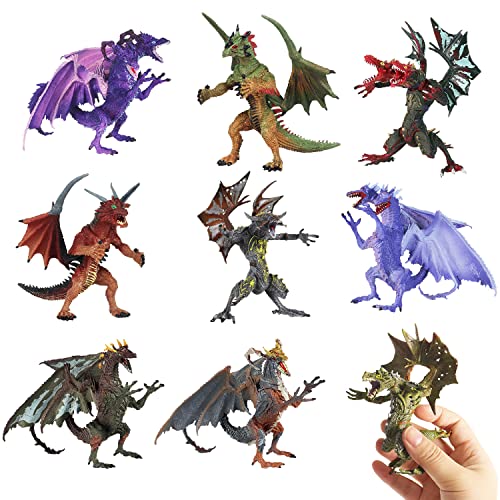 Hiawbon 3.9 Inch Dragon Figurines Realistic Mini Plastic Flying Dragon Models Small Hand Painted Monster Dragon Figure For Halloween Christmas Birthday Party Favor Prize ,Pack Of 9 #TOP19
