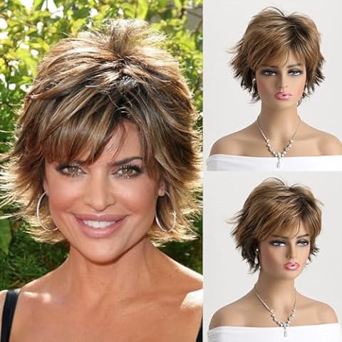 LEOSA Short Brown Wigs for Women Pixie Cut Wig with Bangs Brown Hair Wigs for White Women Layered Fluffy Shaggy Full Synthetic Wig Curly Wavy Mixed Brown Highlight Pixie Cut Wig Cover