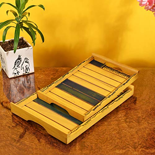 Image of Aakriti Art Creations Yellow Handcrafted Sheesham Wood Serving Tray Set of 2