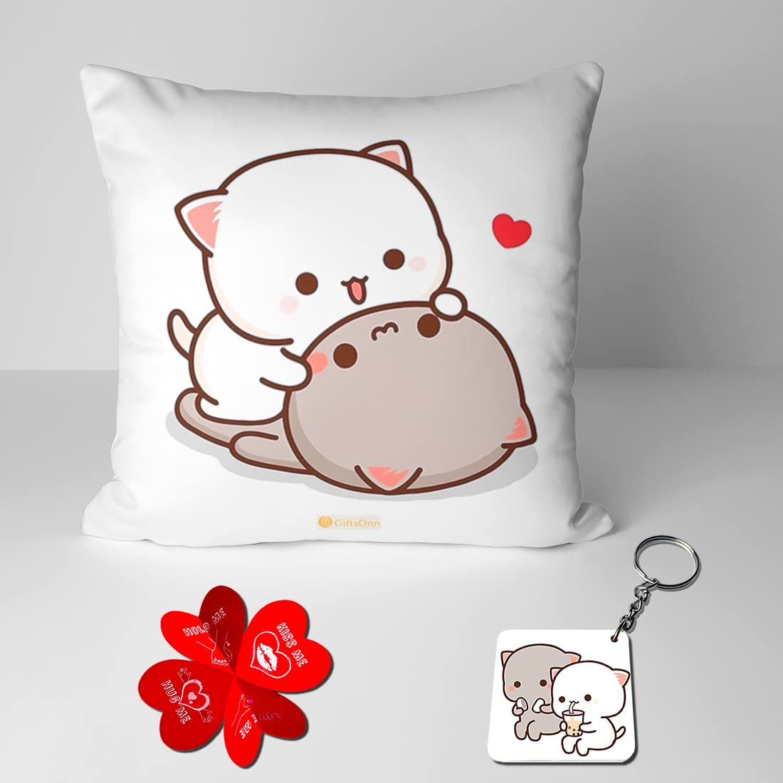 GiftsOnn Peach and Goma Mochi Cat Pillow Cushion, Gifts for him, Boyfriend, Girlfriend, Valentines Gift for Girlfriend, Valentine Pillow for Couple | Peach Goma Pillow, Keychain and Card (Design-7)