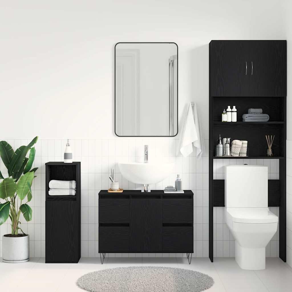Szafka pod umywalkę, czarna, imitacja dębu, wykonana z materiału drewnopochodnego, 80 x 33 x 60 cm, z 4 szufladami i regałem, mebel łazienkowy, miejsce do przechowywania łazienki, WC dla