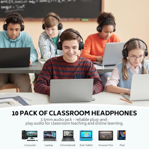 Image of AILIHEN Classroom Headphones Bulk 10 Pack - Wired Headphones for Kids for School, K-12 Students Online Learning and Testing, HD Microphone and 3.5mm Jack for Tablet, Computer, Chromebook (Black)
