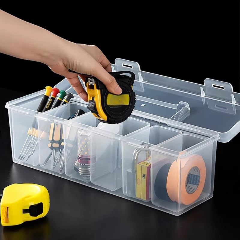 Caja de almacenamiento de herramientas, organizador de piezas pequeñas, contenedor de hardware, plástico transparente con 1 caja exterior y 6 separadores interiores extraíbles, para tornillos, tuercas — view 7