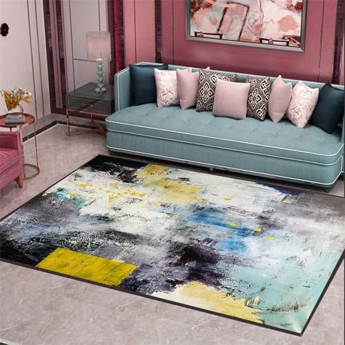 Tapis abstrait jaune flou pattern doux fini soft pour salon XXL