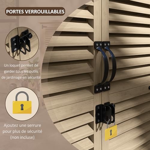 Outsunny - Armario de jardín con descuento para herramientas de madera, 2 estanterías, techo asfaltado, puertas persianas cerradas, 75 x 50 x 118, color natural - imagen 7