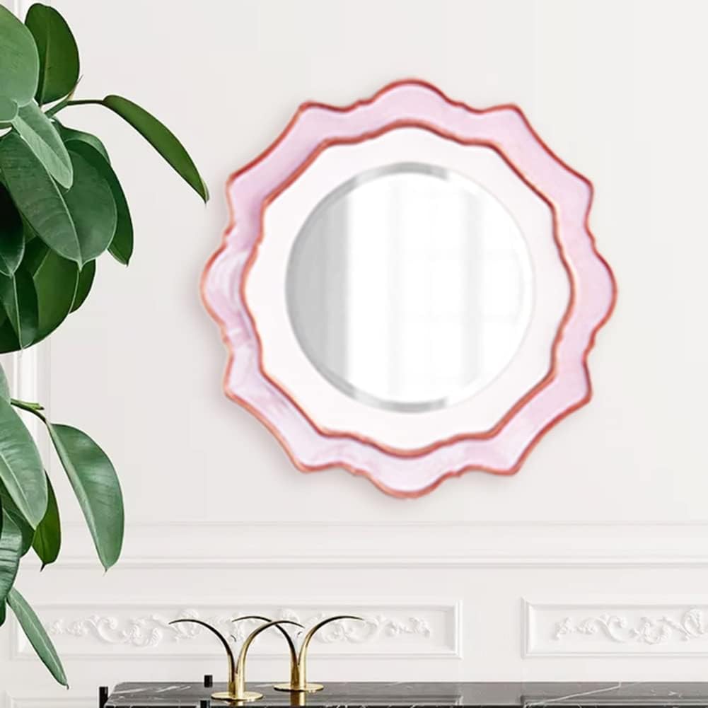 Home Decor Mirror for Wall, Petal Shape, American Antique Vanity Hanging Mirror, Wooden Frame, Explosion Proof Lens, 30''x30'', Pink