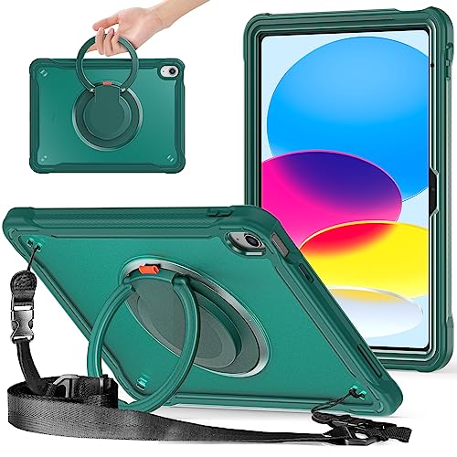 SENLAN iPad 10第10世代 2022/iPad A16 第11世代 2025 用ケース 縦置き 横置き 肩掛け 360°回転持ち手 ペン収納 ショルダーストラップ付き ハードPC +シリコン リングスタンド 耐衝撃 半透明 背面カバー つや消し, 深緑（Amazon）