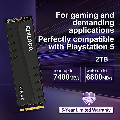 Image of Ediloca 2TB PS5 SSD with Heatsink PCIe Gen4 NVMe M.2 Gaming SSD, 7400MB /s Read, 2GB DRAM Cache, 3D TLC | Internal Solid State Drive Compatible with PS5 & PC(EN855)