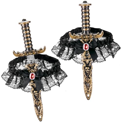 2 Pcs Pirate Sword Dagger with Lace Bow Pirate Cosplay Women Plastic Sword Toy with Elastic Thigh Garter Pirate Accessories Women Bronze