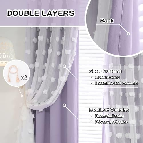 Image of MYSKY HOME Light Blocking Lilac Curtains White Sheer Pom Pom Kids Room Decor Drapes for Living Room 95 Inches Long Double Layer Curtains for Sliding Door Grommet Window Panels Set of 2 52 inch x 95 inch