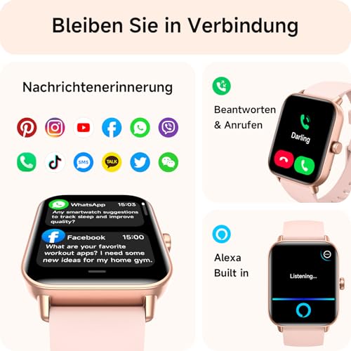 Smartwatch Damen mit Telefonfunktion,1.8" Smart Watch Fitnessuhr mit Whatsapp und Alexa,Herzfrequenz Schlafmonitor,120+ Sportmodi Fitness Tracker,IP68 Wasserdicht Uhren Damen für Samsung/Android/iOS 2