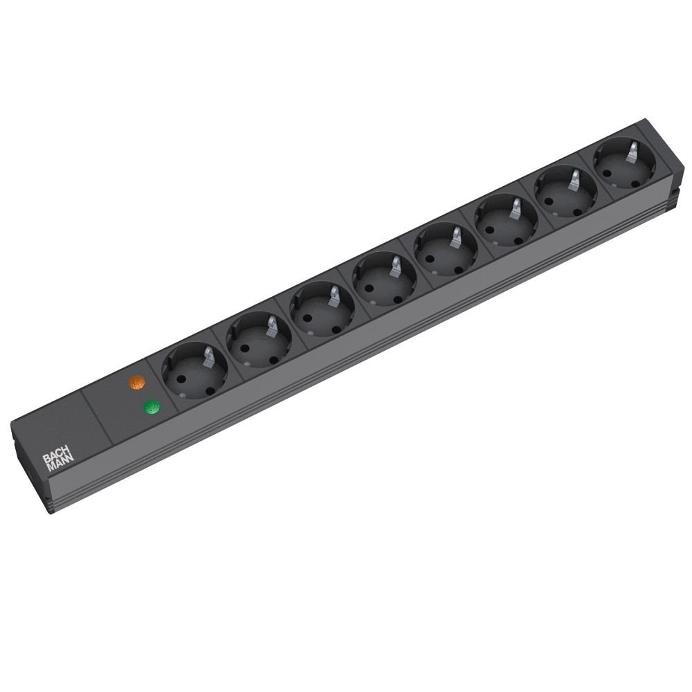 Bachmann Steckdosenleiste 19'' Zoll PDU 8-Fach mit Überspannungsschutz 1HE 2m Kabel Mehrfachsteckdose für Serverschrank Rack Schwarz 333.534 (inkl. 2X Befestigungswinkel und Schrauben)