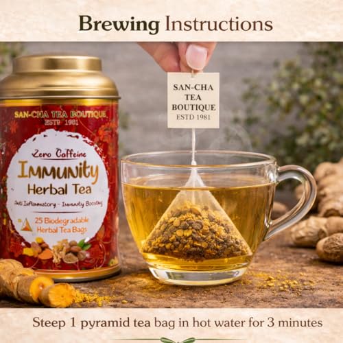 Image of Sancha Tea Boutique - Immunity Boost | 25 Pyramid Tea Bags | Superfood Turmeric Blend | Caffeine-Free Herbal Tisane