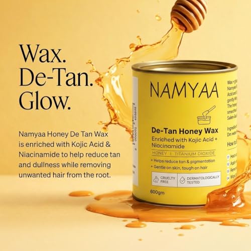 Image of Namyaa De-Tan Honey Wax 600g with Knife & Strips | Brightening Tan Removal Wax for Legs, Arms, Underarms & Body | Honey Based