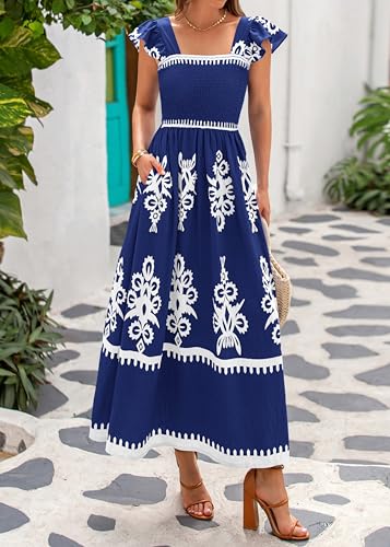 BTFBM Summer Dresses for Women 2026 Casual Floral Boho Sleeveless Square Neck A Line Flowy Beach Maxi Sundress Pockets(Dark Blue White Flower, XX-Large) — view 2