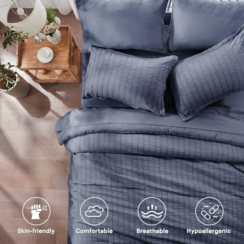 Image of Zzlpp Full Comforter Set 7 pieces, Greyish Blue Seersucker Bedding Set with 1 Comforter, 2 Pillow Shams, 2 Pillowcases, 1 Flat Sheet, 1 Fitted Sheet