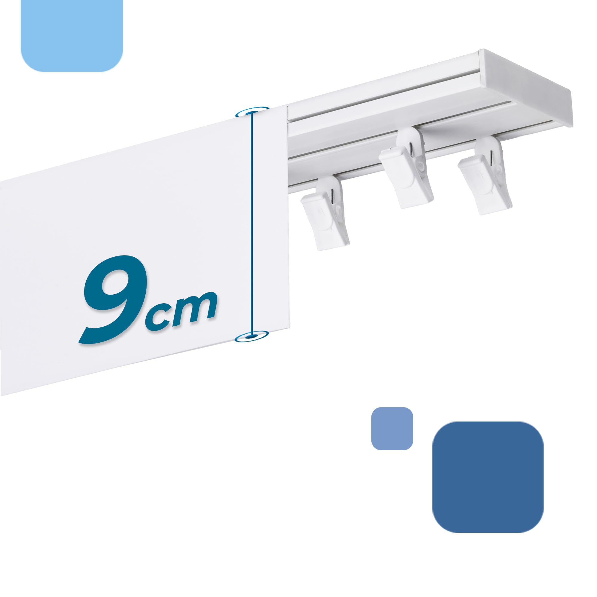 Gardinenschiene mit Blende 9 cm 2-läufig – PVC Vorhangschiene zur Deckenmontage, Deckenschiene für Vorhänge, Weiß, mit Haken mit Rolle, 500 cm