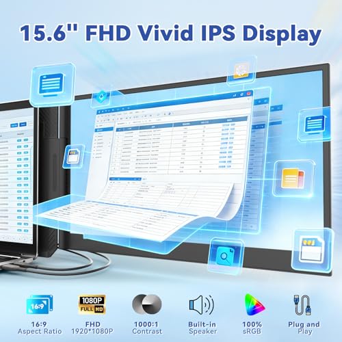 Image of domyfan 15.6 inch Laptop Screen Extender, Triple Portable Monitor with Ultra-Thin FHD 1080P IPS Display for 13-17 inch Laptop, Plug & Play via HDMI /USB-A /Type-C, Compatible with Mac /Windows /Android