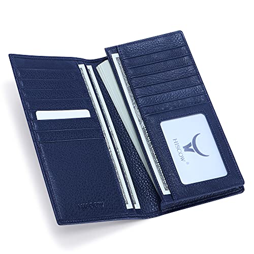 Image of HISCOW Full Grain Leather Men's Long Wallet, 15 Card Slots, Pebbled Blue, 6.97 inchH x 3.5 inchW x 0.98 inchD, Classic | Gusseted bill compartment, tall bifold design, clear ID window, ideal for coat pockets or briefcases, turned-edge, gift box
