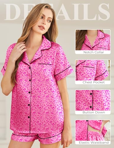 Image of Silk Pajamas for Women Short Sleeve Sleepwear Soft Button Down Loungewear 2 Piece Satin Pjs Shorts Set S-XXL