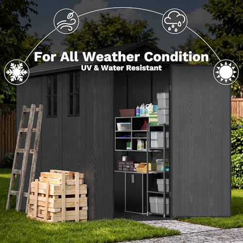 Image of Devoko 4x8 FT Resin Storage Shed with Floor, Garden Plastic Outdoor Shed with Window and Lockable Door, Waterproof Outside Tool shed for Backyard Patio, Dark Grey