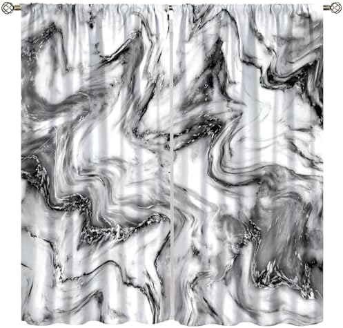 Gray Marble Curtains, Abstract Black Marble Texture Marbling Printed Window Treatments for Living Room Bedroom Kitchen Decor, Modern Elegant Gray White Drapes 2 Panel Sets,52×84 Inch