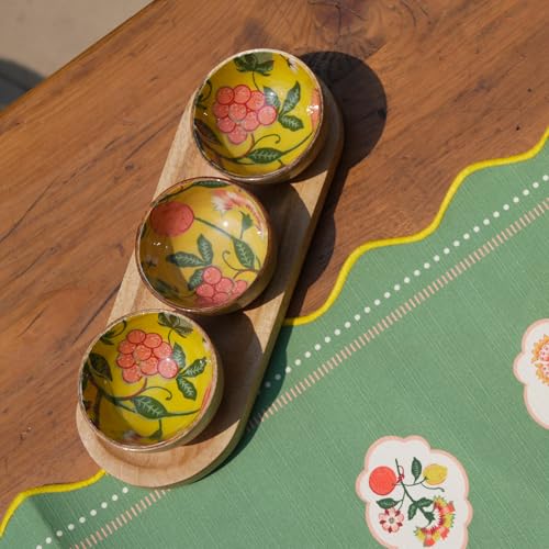 Image of Chumbak Limonata Trio Wooden Bowl Set | Citrus Collection | Mango Wood Trio Bowl Set | with Tray | Citrus Print | Food Safe | Chakna Serveware | Gifting Bowl Set