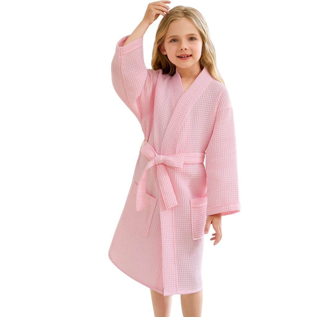 XUEMML Peignoir en Coton Gaufré for Enfants Filles, Peignoir Kimono À Carreaux en Nid d'abeille for Filles De 6 À 15 Ans(Roze,10-15 T)