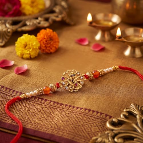 Image of Gold Plated Auspicious Diamond Ring Rakhi