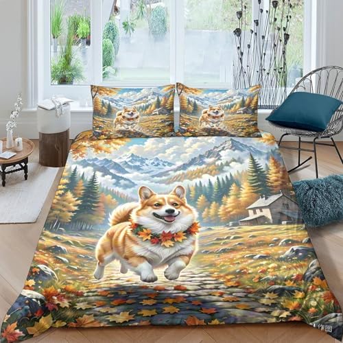 Housse de couette Corgi durable en microfibre douce avec motif 3D montagne d'automne - 2