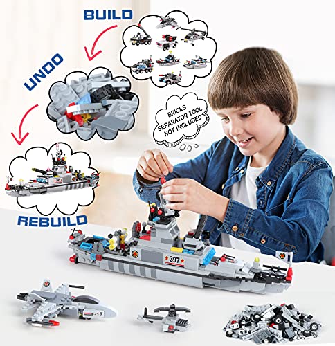 886 Pieces City Police Coast Patrol Boat Building Kit With Army Vehicles, Helicopter, Airplane, Tank, 8-In-1 Military Battleship Building Set, Creative Birthday Gifts Idea For Kids Boys Aged 6-12 #TOP1