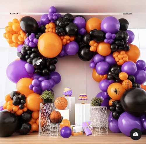 Image of Purple Orange Balloon Arch Kit, Double Stuffed Purple Lavender Orange Black Balloon Garland for Basketball Sport Theme Birthday Race Car Magic Graduation Baby Shower Party Decorations