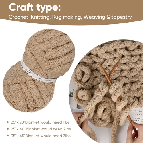 Image of 8 Jumbo Packs Chunky Chenille Yarn for Crocheting, 31.7 yds, 8 oz Each Skein Bulky Thick Fluffy Yarn for Knitting, Super Bulky Chunky Yarn for Hand Knitting Blanket, Soft Plush Yarn - Khaki