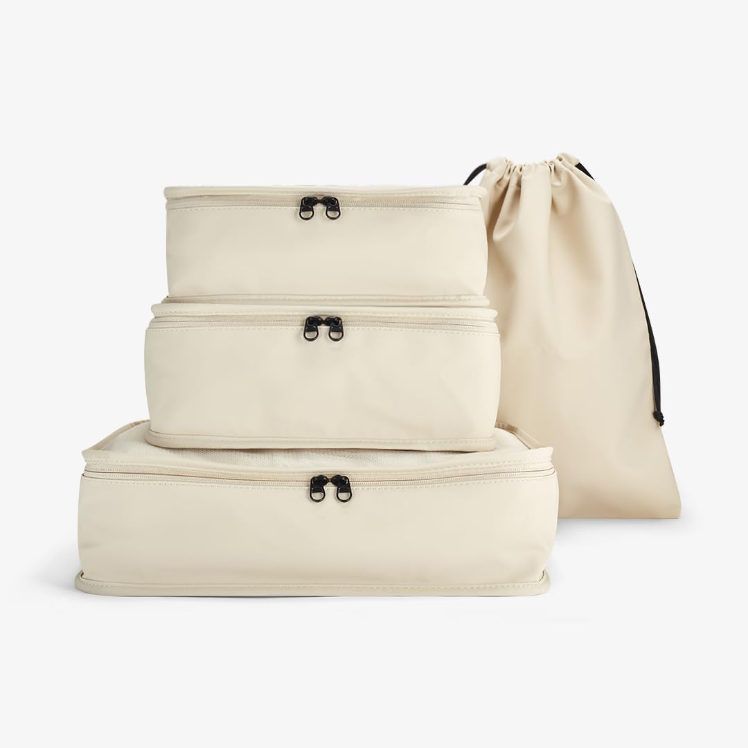 Rock Packing Cubes Set of 4 in Beige – Lightweight Travel Organisers for Luggage & Suitcases, Clothes Storage Bags with Laundry Bag & Grab Handles - Ideal for Holiday & Business Trips
