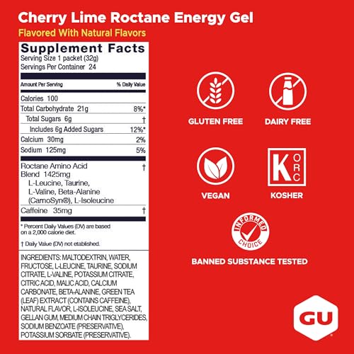 Image of GU Energy Roctane Ultra Endurance Energy Gel, Vegan, Gluten-Free, Kosher, and Dairy-Free On-The-Go Sports Nutrition for Running, Biking, Hiking or Skiing, 24-Count, Cherry Lime